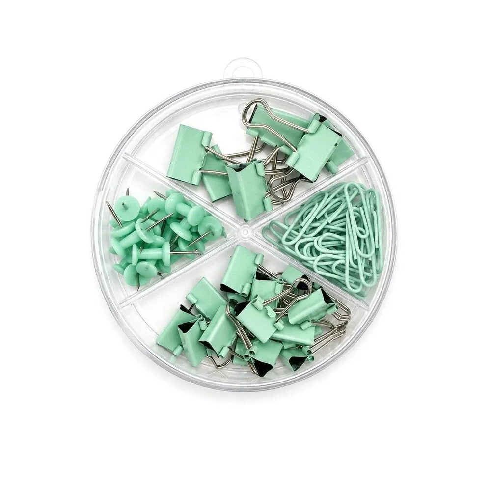 Green Binder Clips Paper Clips Push Pins Set Home Office School Supplies NEW